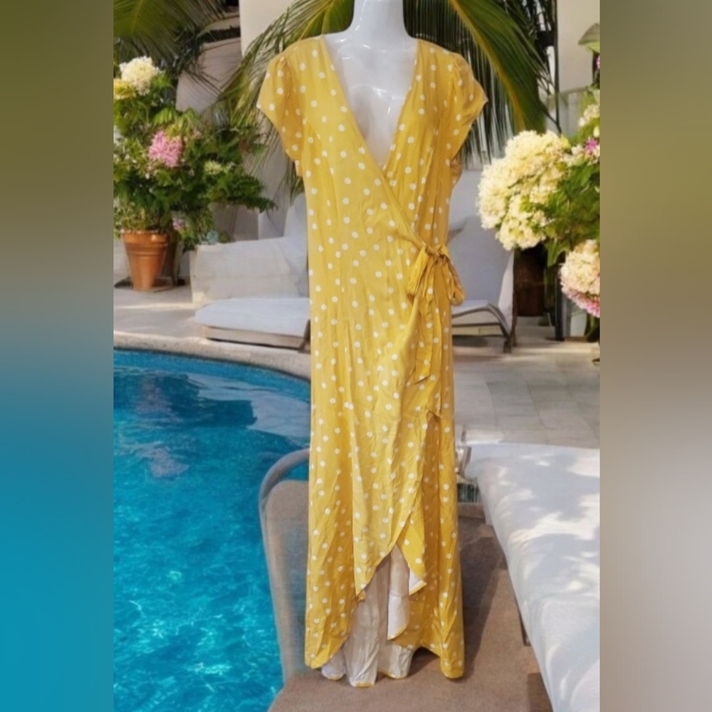 JustFab Yellow Polka Dot Wrap Dress. Length Is 59 Inches.